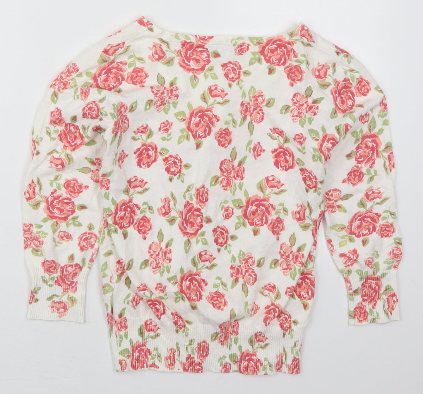 F&F Womens White Round Neck Floral Cotton Cardigan Jumper Size 8   - Pink Roses
