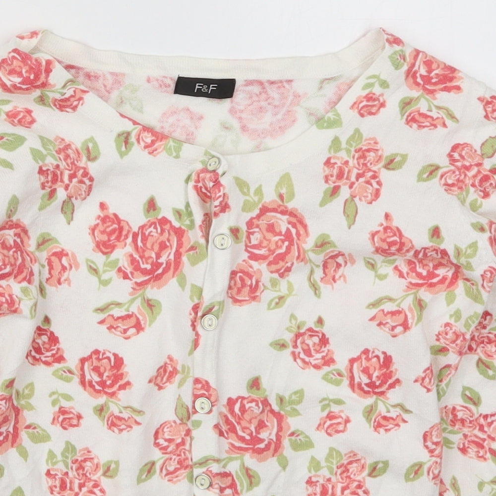 F&F Womens White Round Neck Floral Cotton Cardigan Jumper Size 8   - Pink Roses