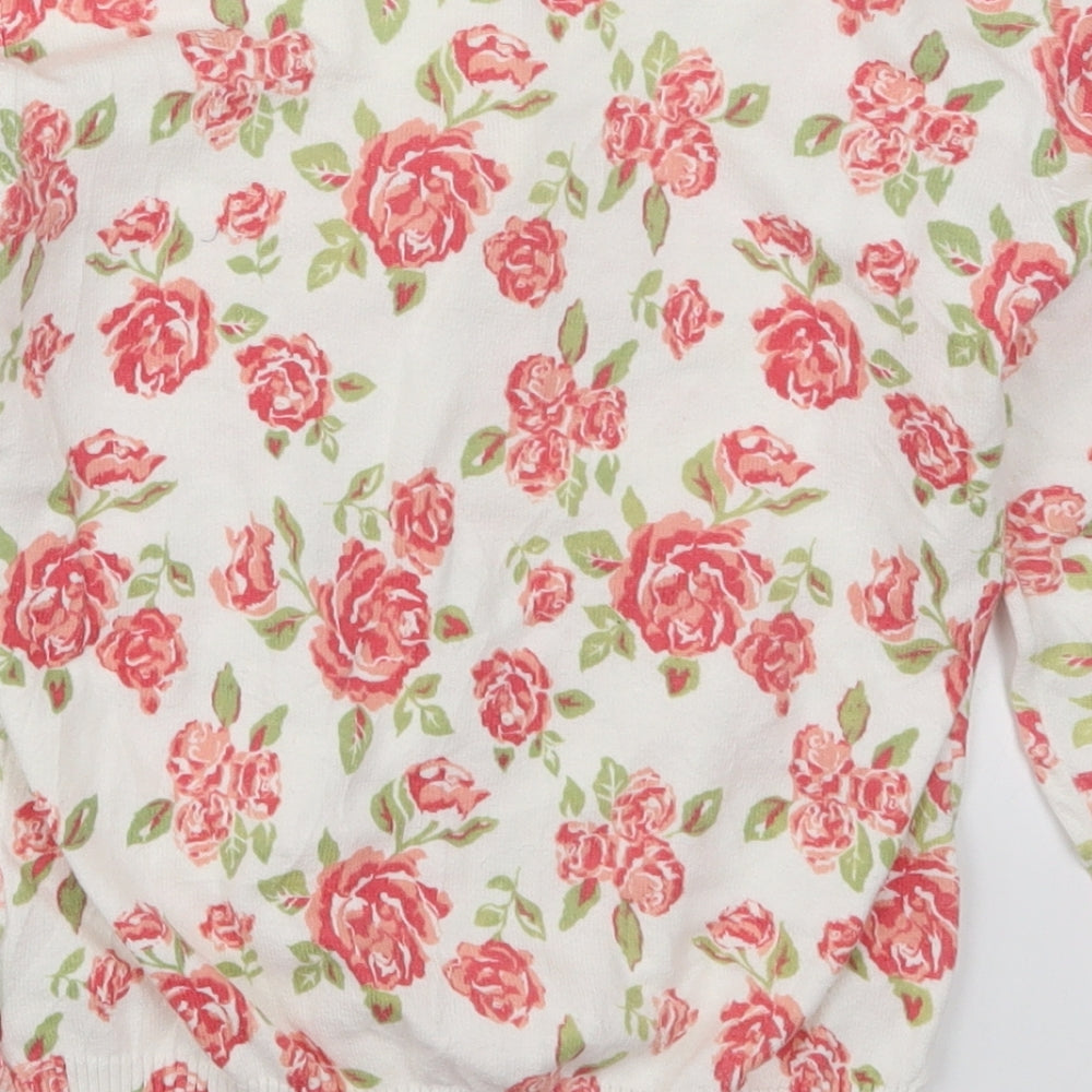 F&F Womens White Round Neck Floral Cotton Cardigan Jumper Size 8   - Pink Roses