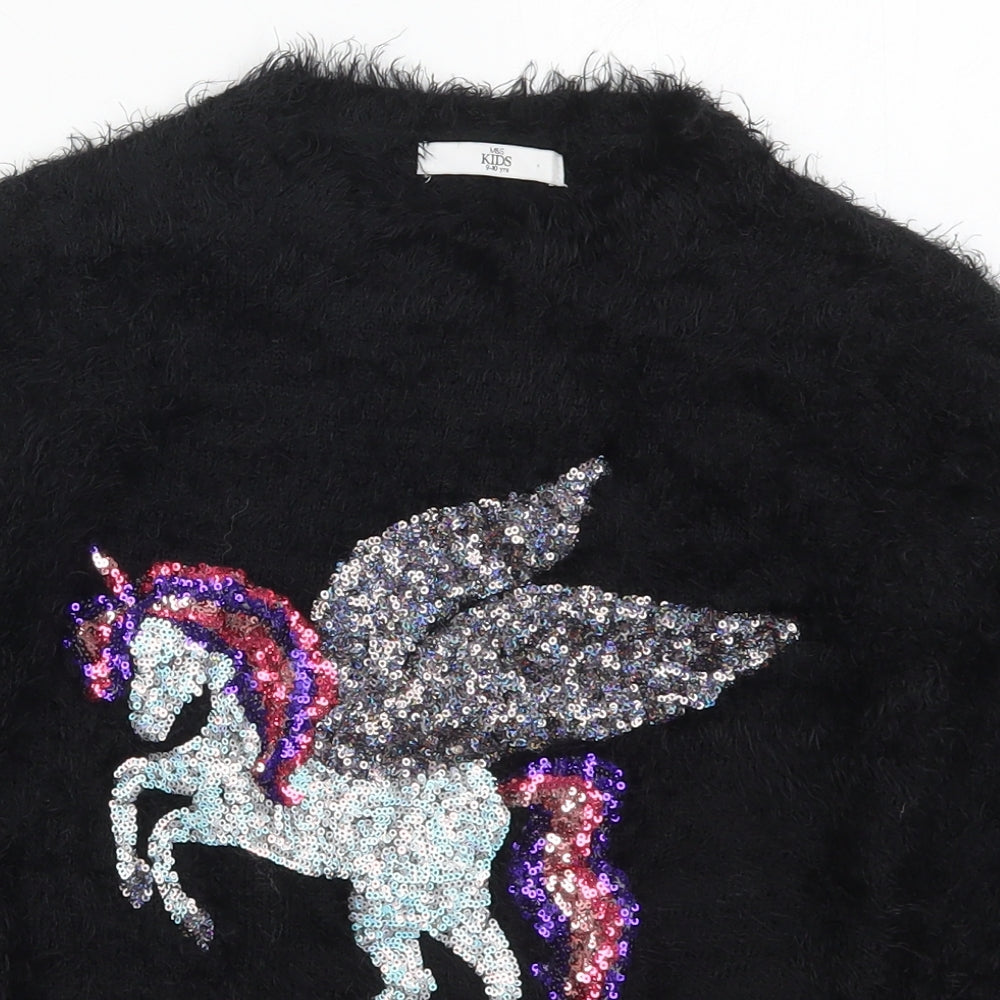 Marks and Spencer Girls Black Round Neck  Nylon Pullover Jumper Size 9-10 Years  Pullover - Unicorn