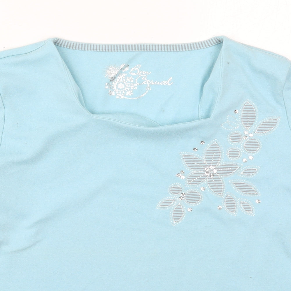 Bonmarché Womens Blue  Polyester Basic T-Shirt Size M Square Neck - Flowers