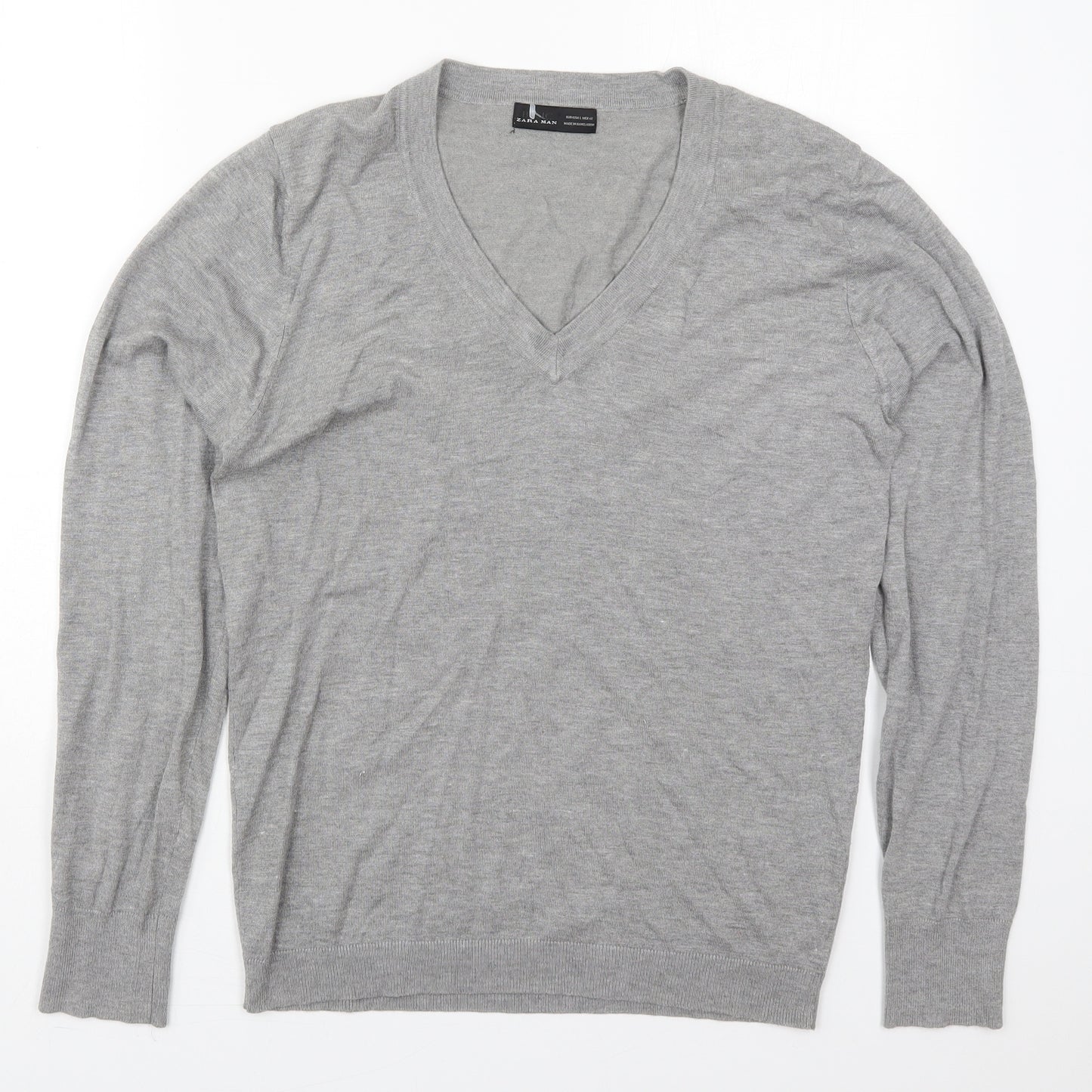 Zara Mens Grey V-Neck  Viscose Pullover Jumper Size L