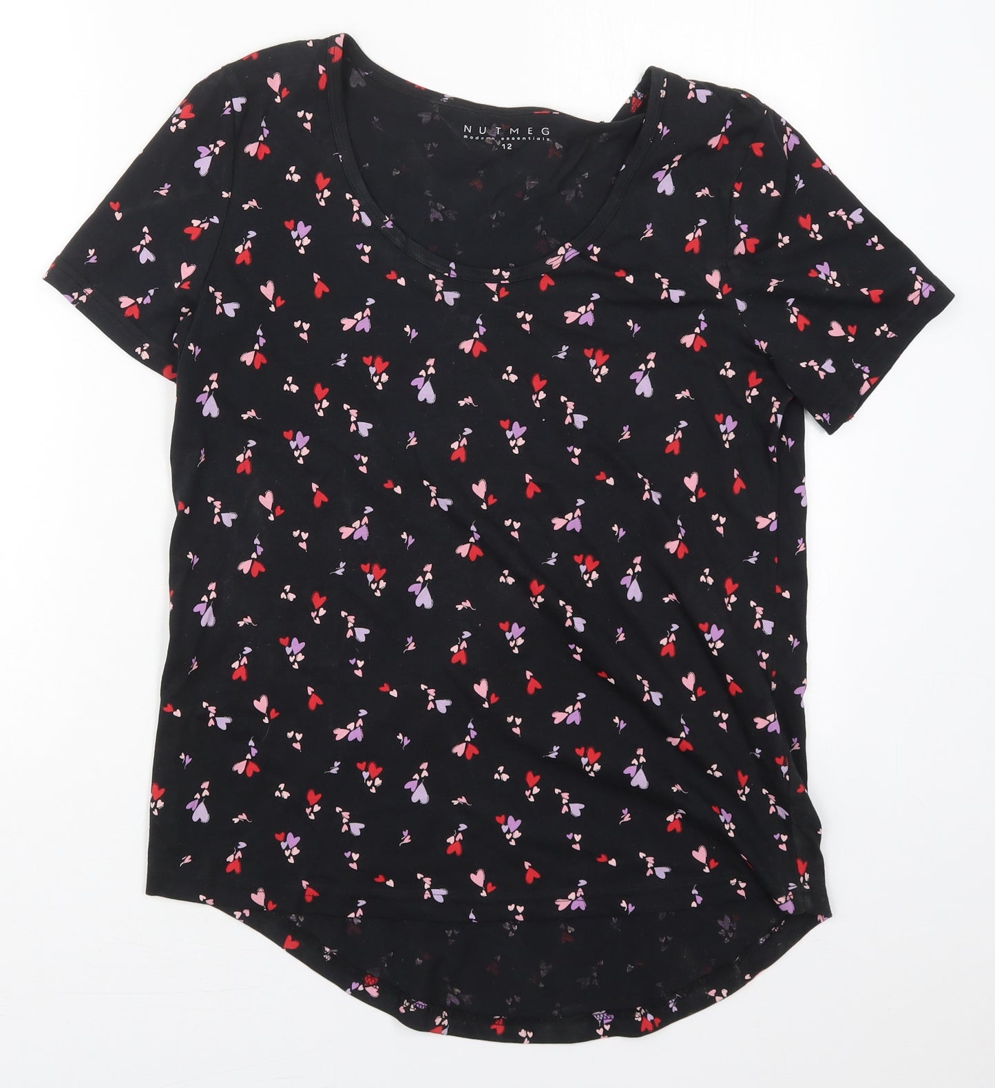 Nutmeg Womens Black Geometric Cotton Basic T-Shirt Size 12 Round Neck - Love Hearts