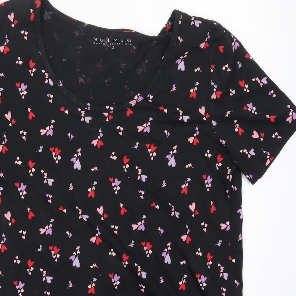 Nutmeg Womens Black Geometric Cotton Basic T-Shirt Size 12 Round Neck - Love Hearts