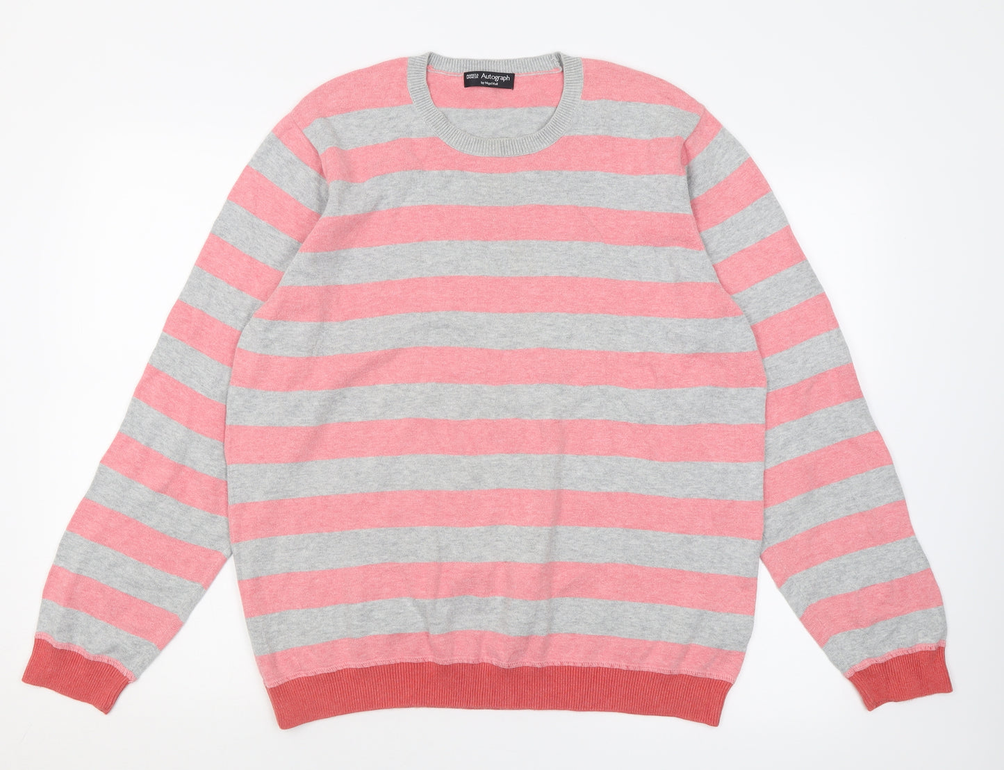 Autograph Mens Pink Crew Neck Striped Cotton Pullover Jumper Size L