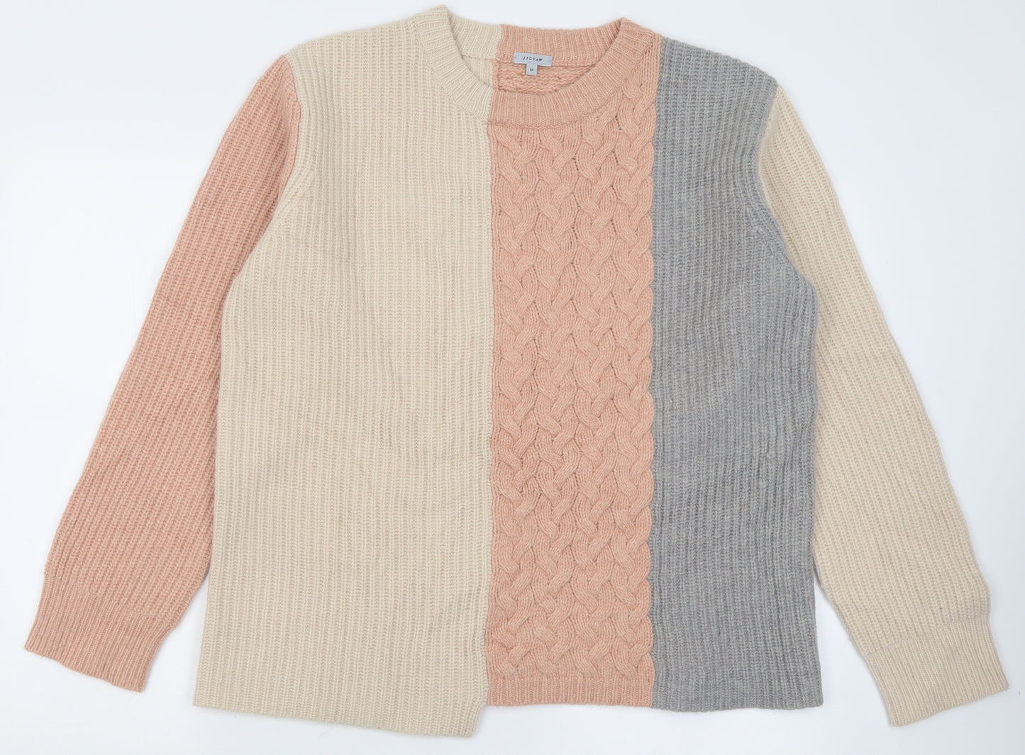 Jigsaw Womens Beige Crew Neck Striped Acrylic Pullover Jumper Size M