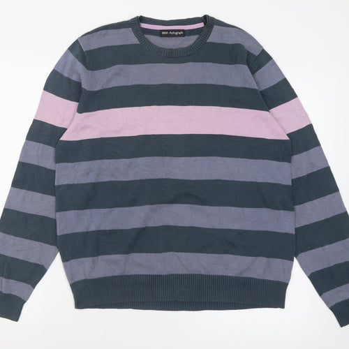 Autograph Mens Purple Crew Neck Striped Cotton Pullover Jumper Size M