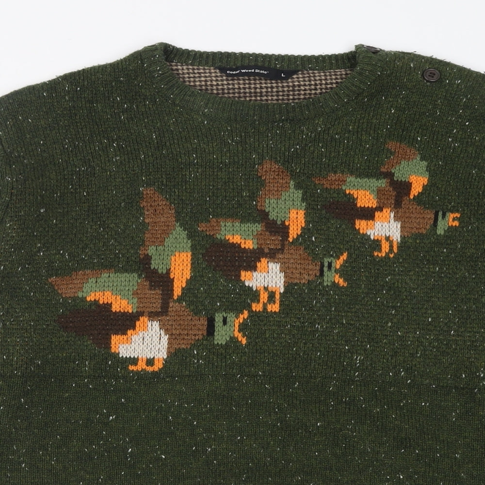 Cedar Wood State Mens Green Crew Neck  Acrylic Pullover Jumper Size L