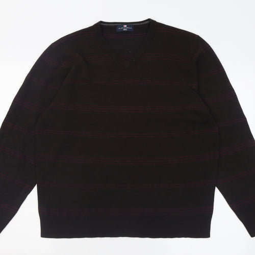 Blue Harbour Mens Brown V-Neck Striped Acrylic Pullover Jumper Size L