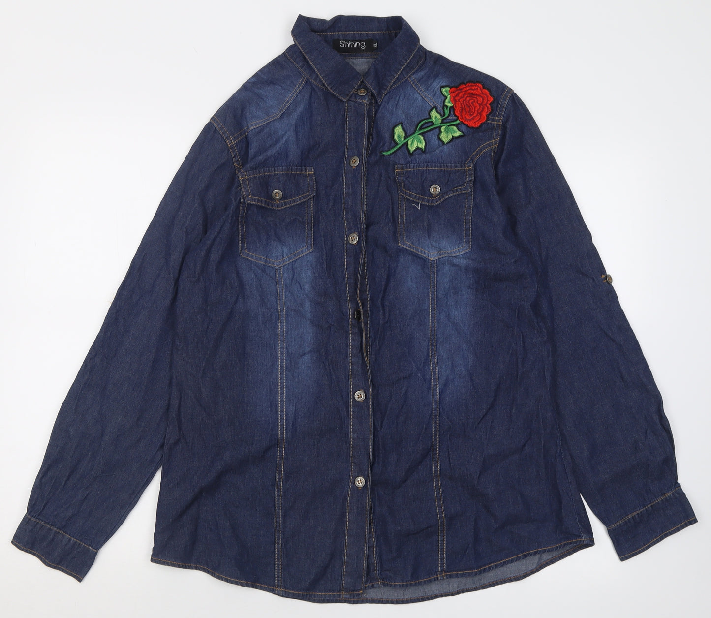 shinin Womens Blue Floral Cotton Basic Button-Up Size XL Collared