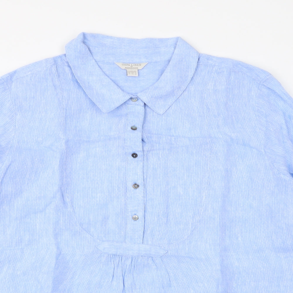 Monsoon Womens Blue  Linen Basic Blouse Size 14 Collared