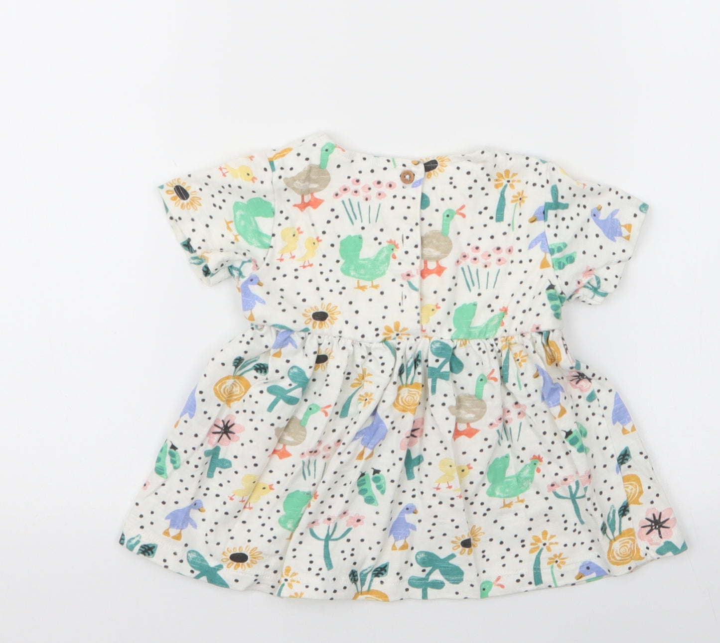 Marks and Spencer Girls White Floral 100% Cotton Skater Dress  Size 9-12 Months  Round Neck Button - Animals