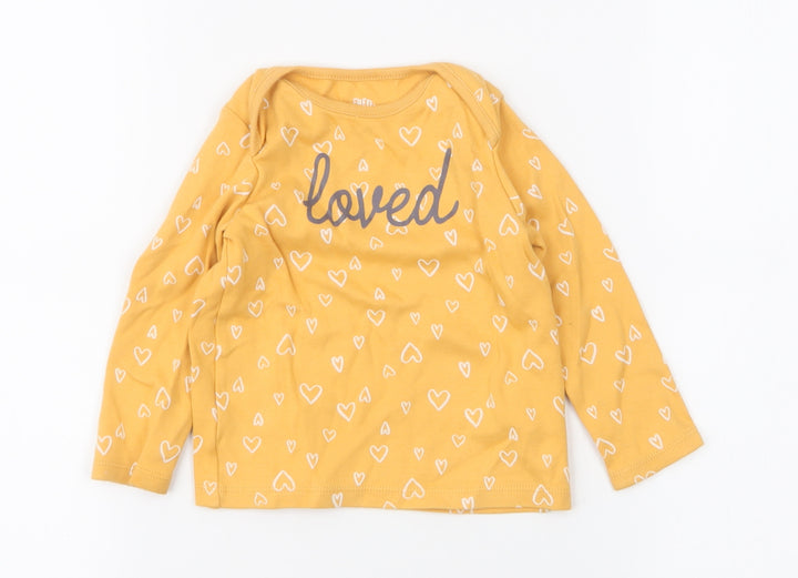 F&F Girls Yellow Spotted 100% Cotton Jersey T-Shirt Size 9-12 Months Round Neck Pullover - Hearts, Loved