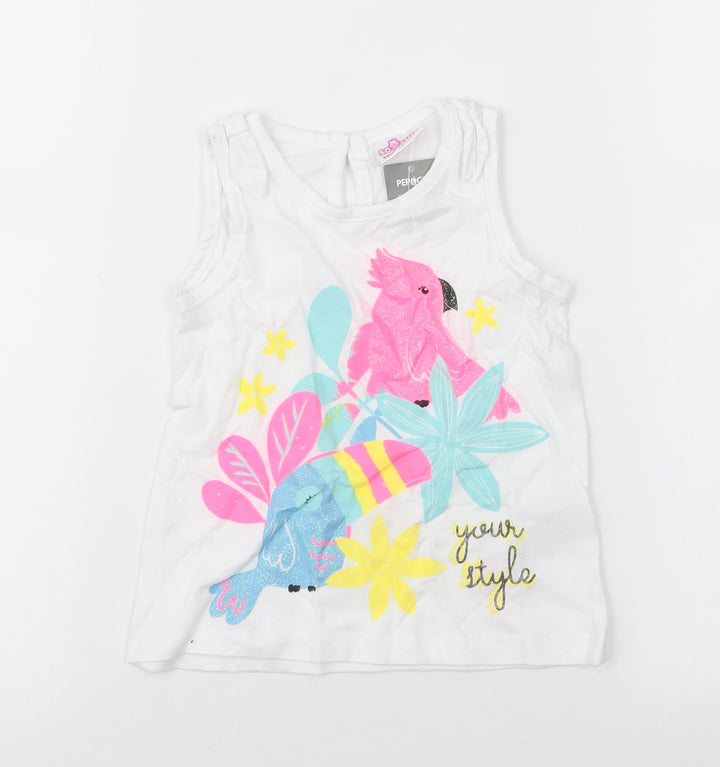 pep & co Girls White Floral 100% Cotton Camisole Tank Size 12-18 Months Round Neck Pullover - Parots