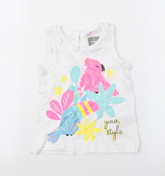 Front view of Pep&Co girls’ white floral 100% cotton camisole tank, size 12-18, months round neck pullover - parots
