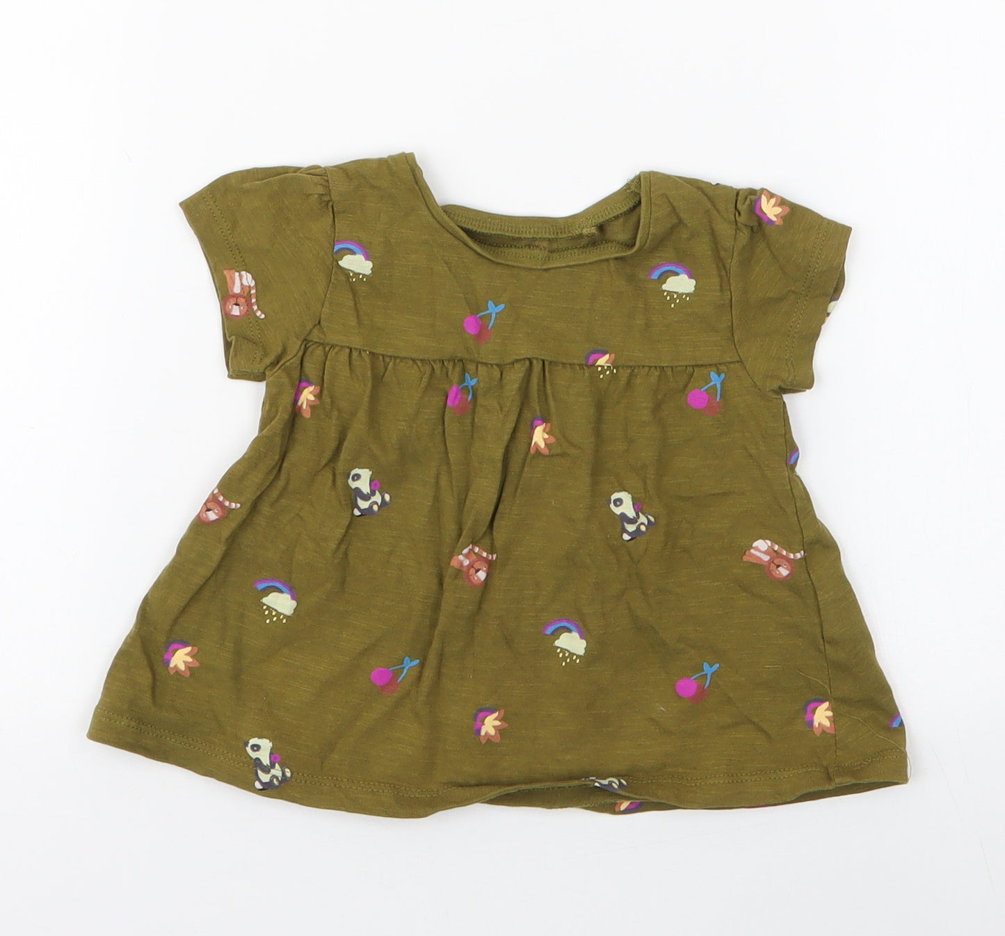 NEXT Girls Green Floral 100% Cotton Jersey T-Shirt Size 9-12 Months Round Neck Pullover - Zoo Animal print