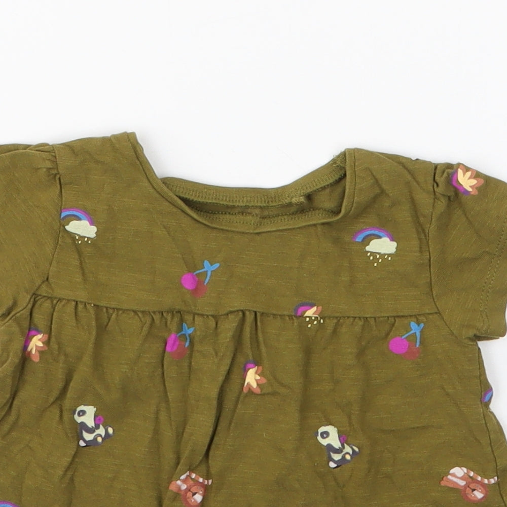 NEXT Girls Green Floral 100% Cotton Jersey T-Shirt Size 9-12 Months Round Neck Pullover - Zoo Animal print