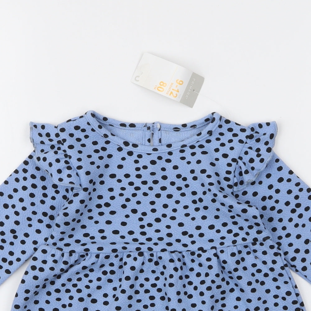 Primark Girls Blue Polka Dot Cotton Skater Dress  Size 9-12 Months  Round Neck Buckle