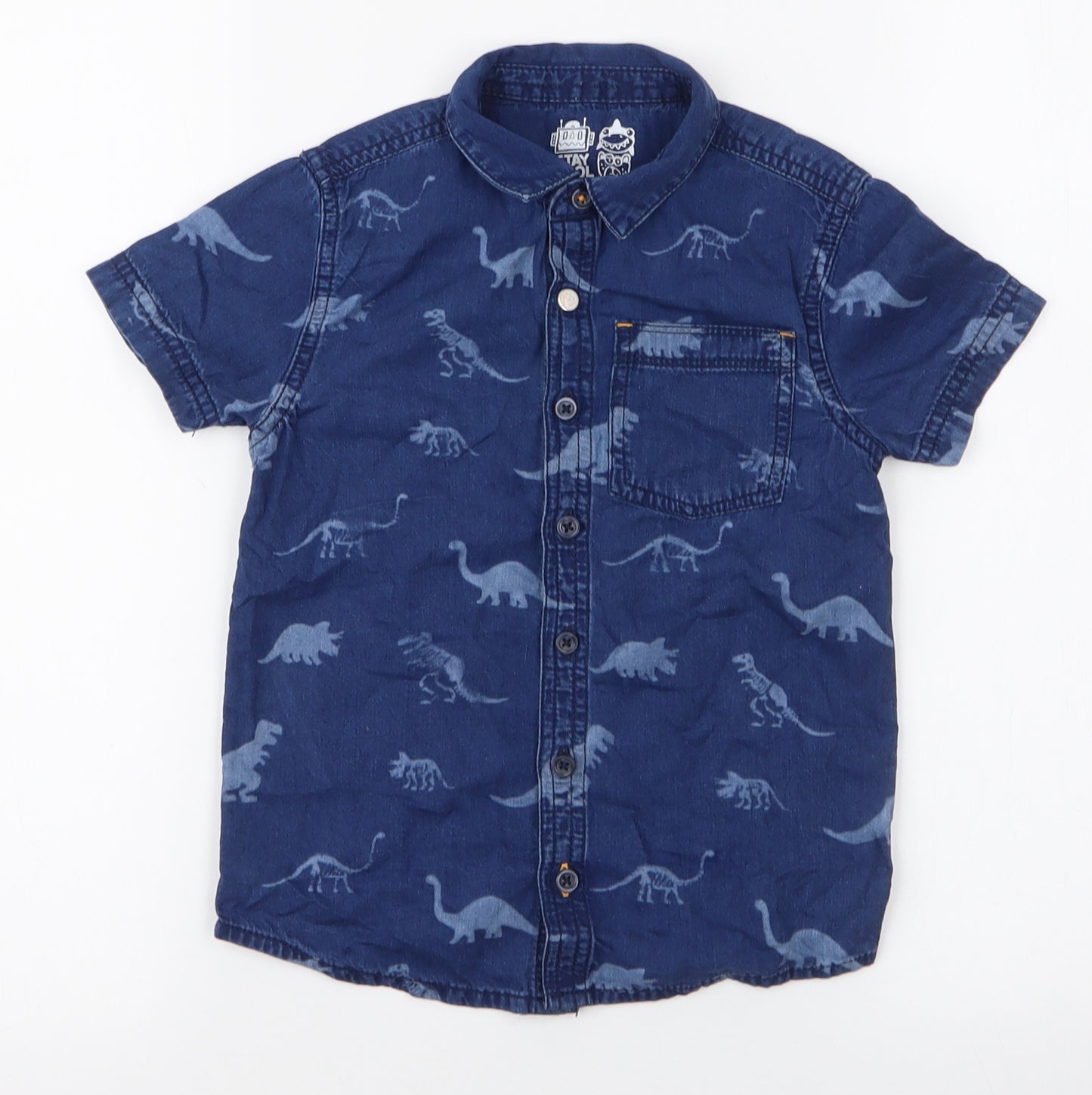 F&F Boys Blue  100% Cotton Basic Button-Up Size 4-5 Years Collared Button - Dinosaur