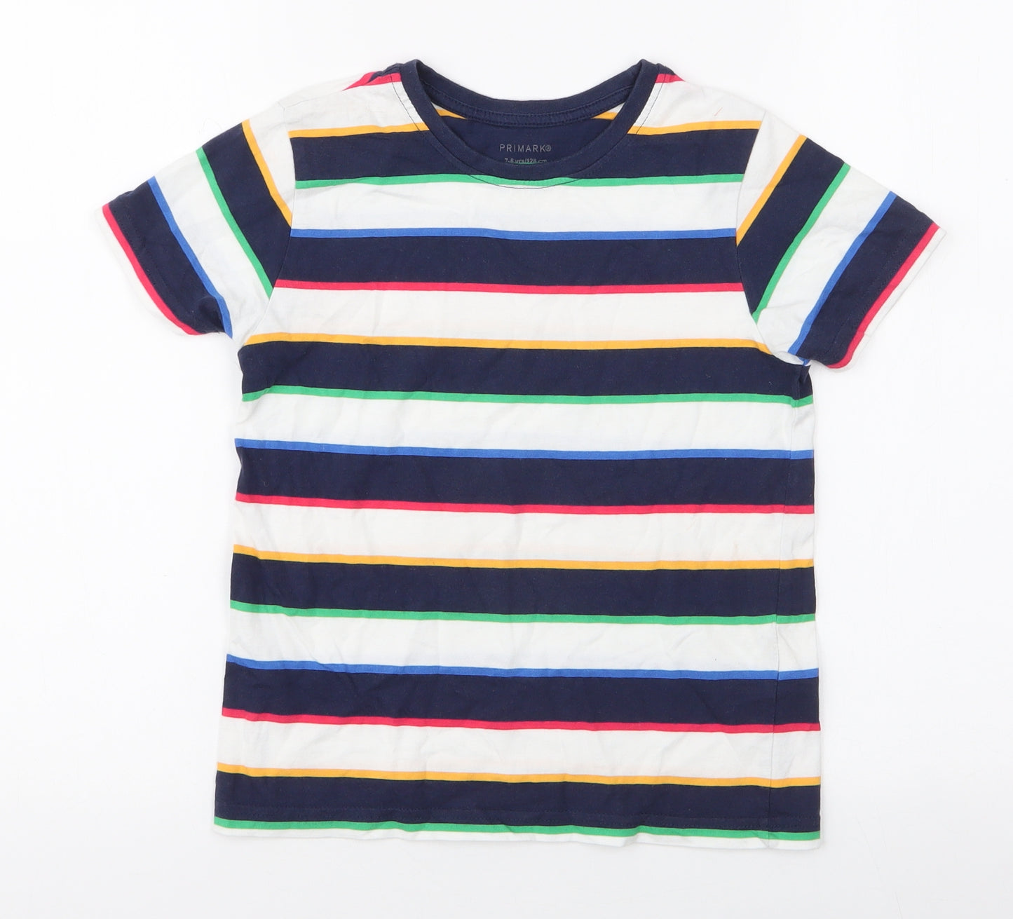 Primark Boys Multicoloured Striped 100% Cotton Jersey T-Shirt Size 7-8 Years Round Neck Pullover