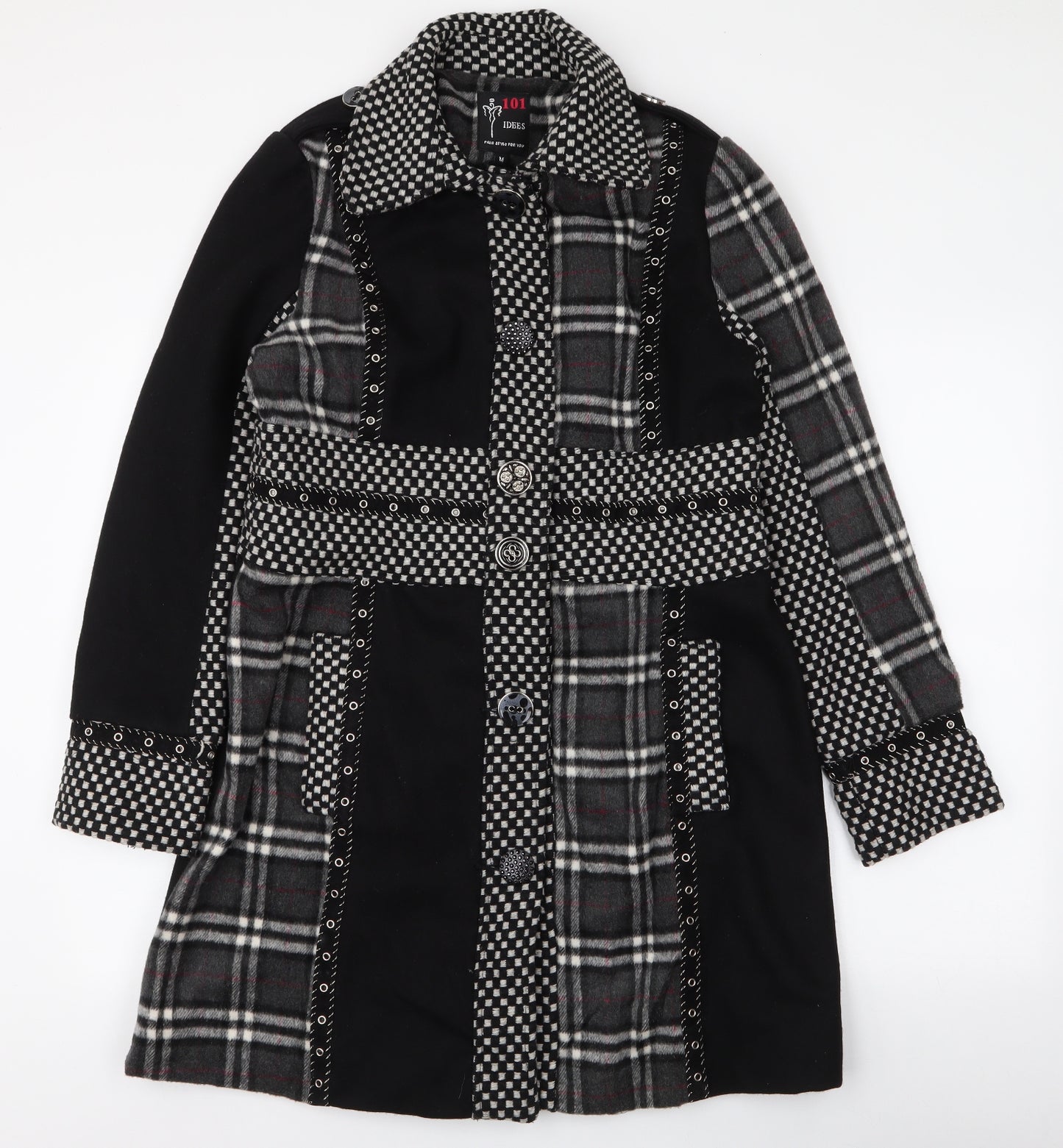 101 Idees Womens Black Plaid  Overcoat Coat Size M  Button