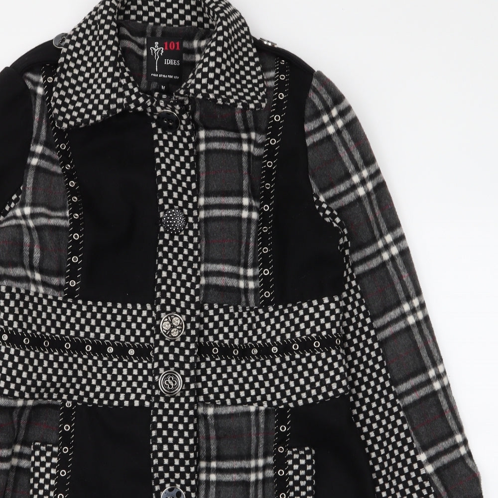 101 Idees Womens Black Plaid  Overcoat Coat Size M  Button