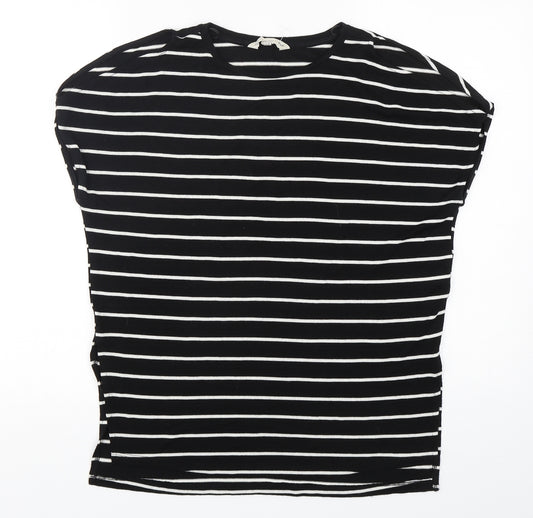 Front view of F&F women’s black round neck striped viscose jumper, size UK 10