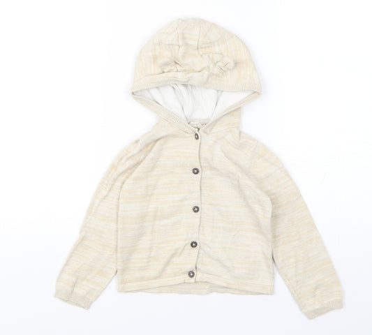 Front view of Lulipu boys’ beige cotton cardigan jumper, size 12-18, months button