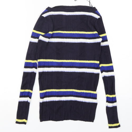 Marks and Spencer Womens Blue Boat Neck Striped Viscose Pullover Jumper Size 10