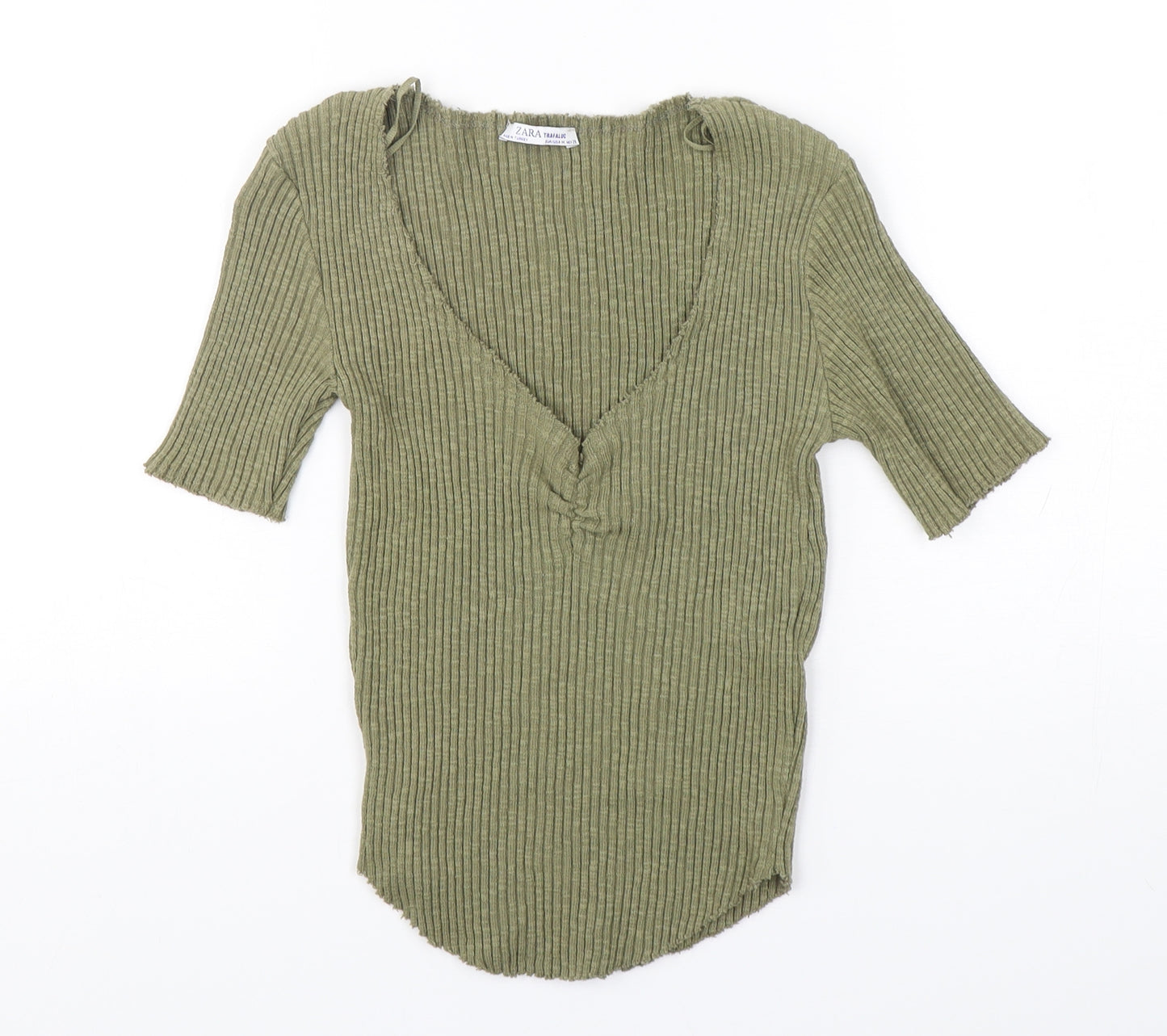 Zara Womens Green V-Neck  Cotton Pullover Jumper Size M