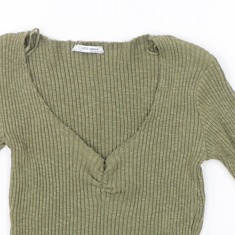 Zara Womens Green V-Neck  Cotton Pullover Jumper Size M