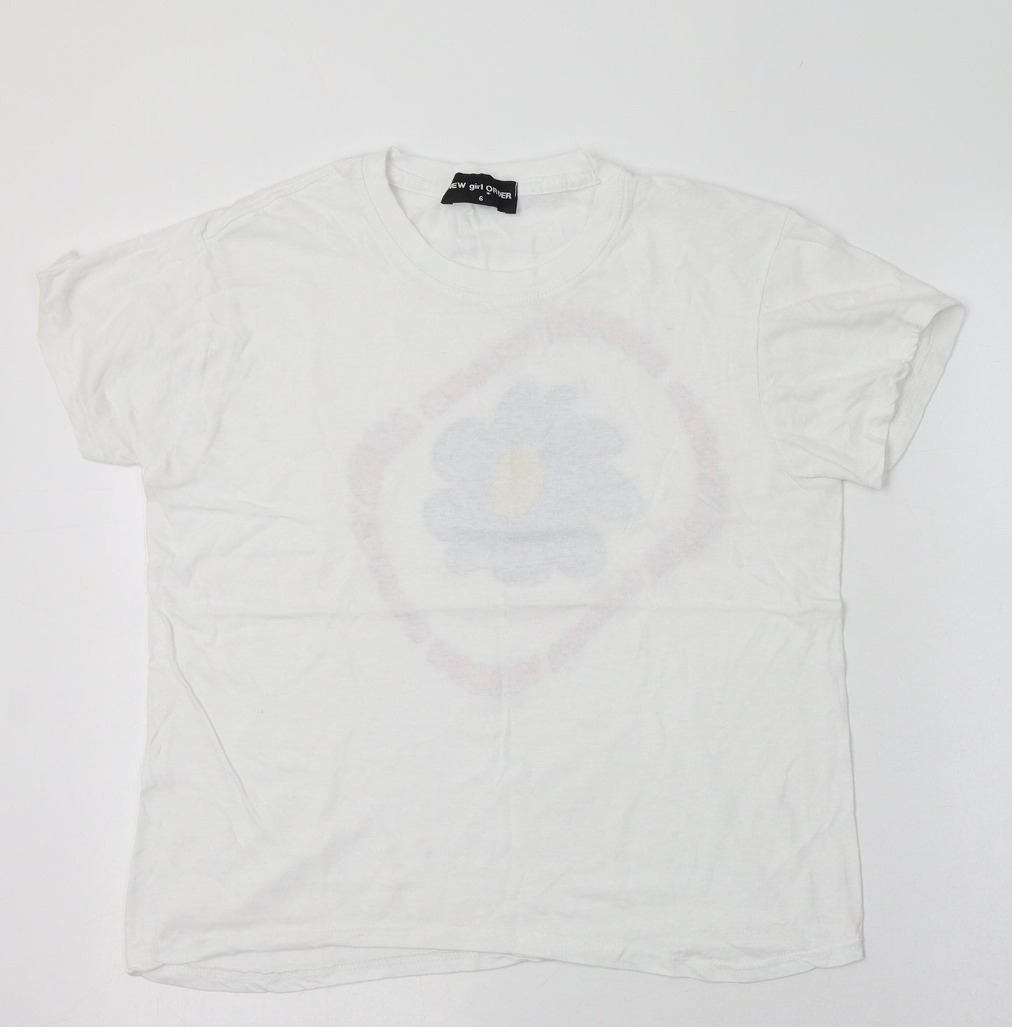 New girl Order  Womens White  Polyester Basic T-Shirt Size 6 Round Neck - Graphic on back