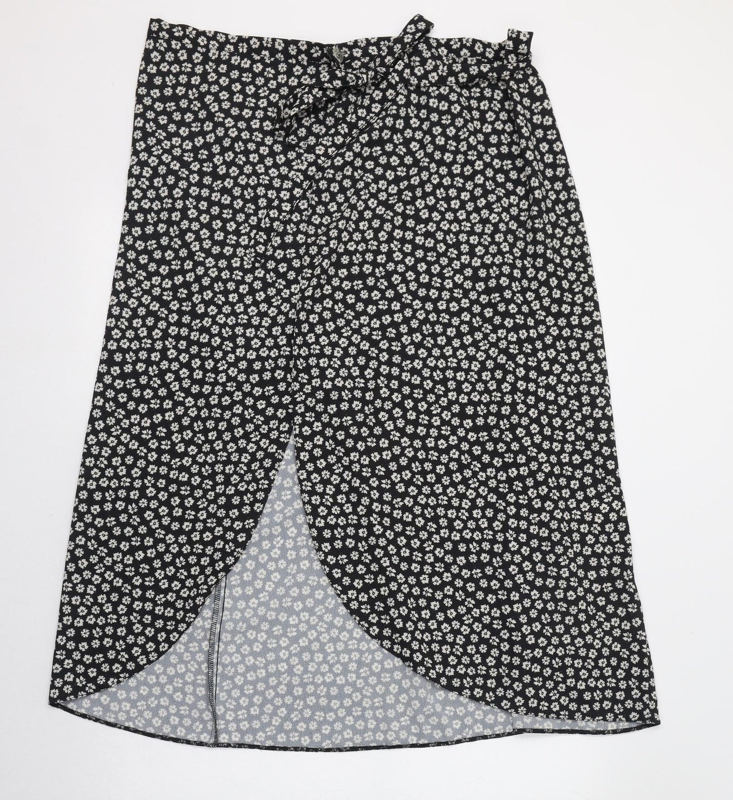 New Look Womens Black Floral Polyester Wrap Skirt Size 8   Tie