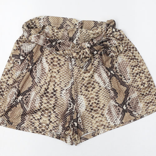 PRETTYLITTLETHING Womens Brown Animal Print Polyester Paperbag Shorts Size 8 L3 in Regular