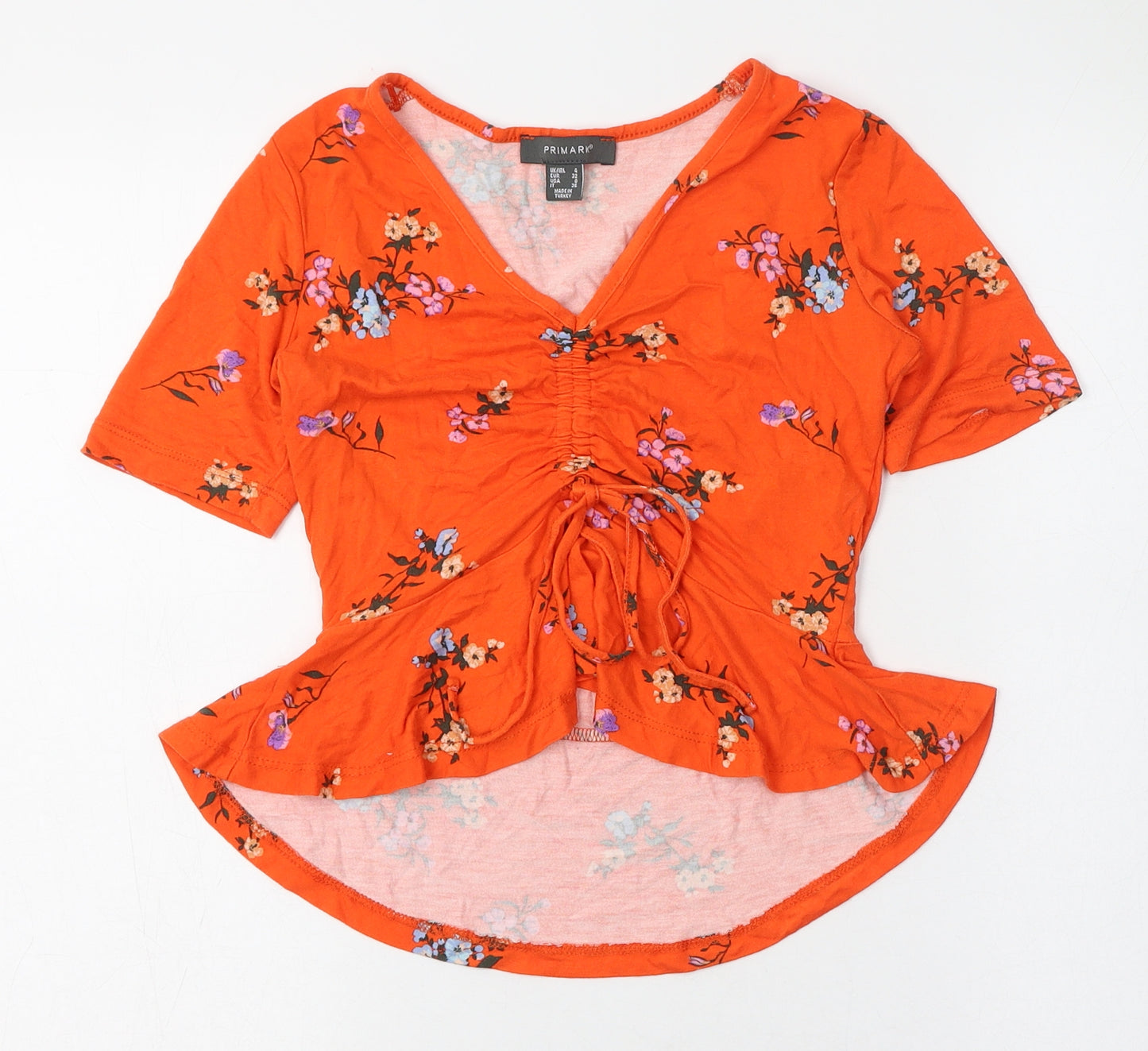 Primark Womens Orange Fair Isle Viscose Basic T-Shirt Size 4 V-Neck