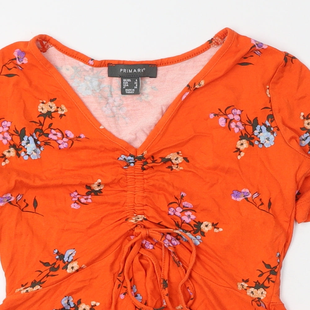 Primark Womens Orange Fair Isle Viscose Basic T-Shirt Size 4 V-Neck