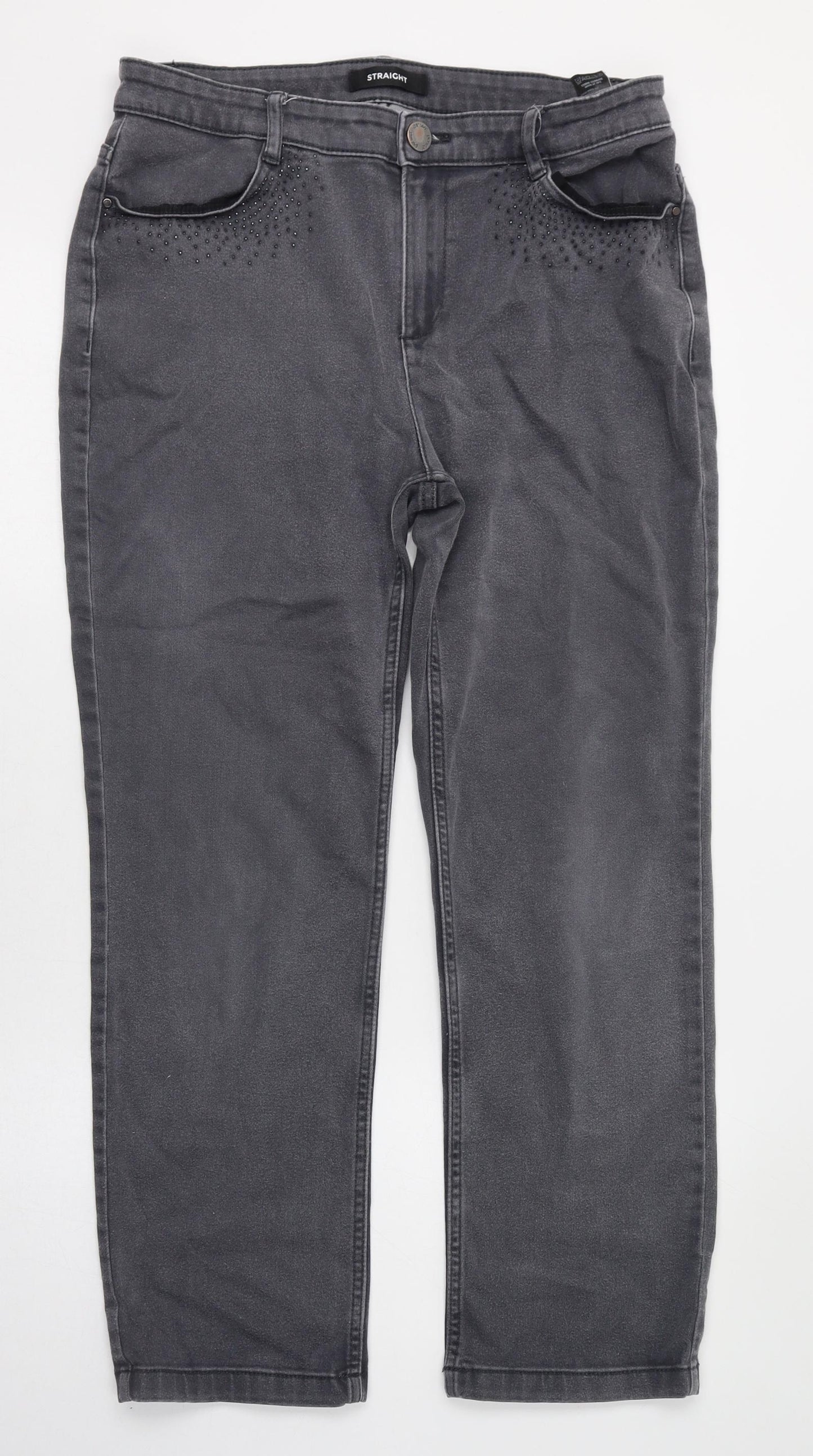 Marks and Spencer Womens Grey  Cotton Straight Jeans Size 14 L26 in Regular Zip