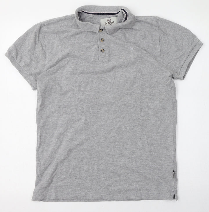 Bellfield Mens Grey Cotton Polo Size S Collared Button