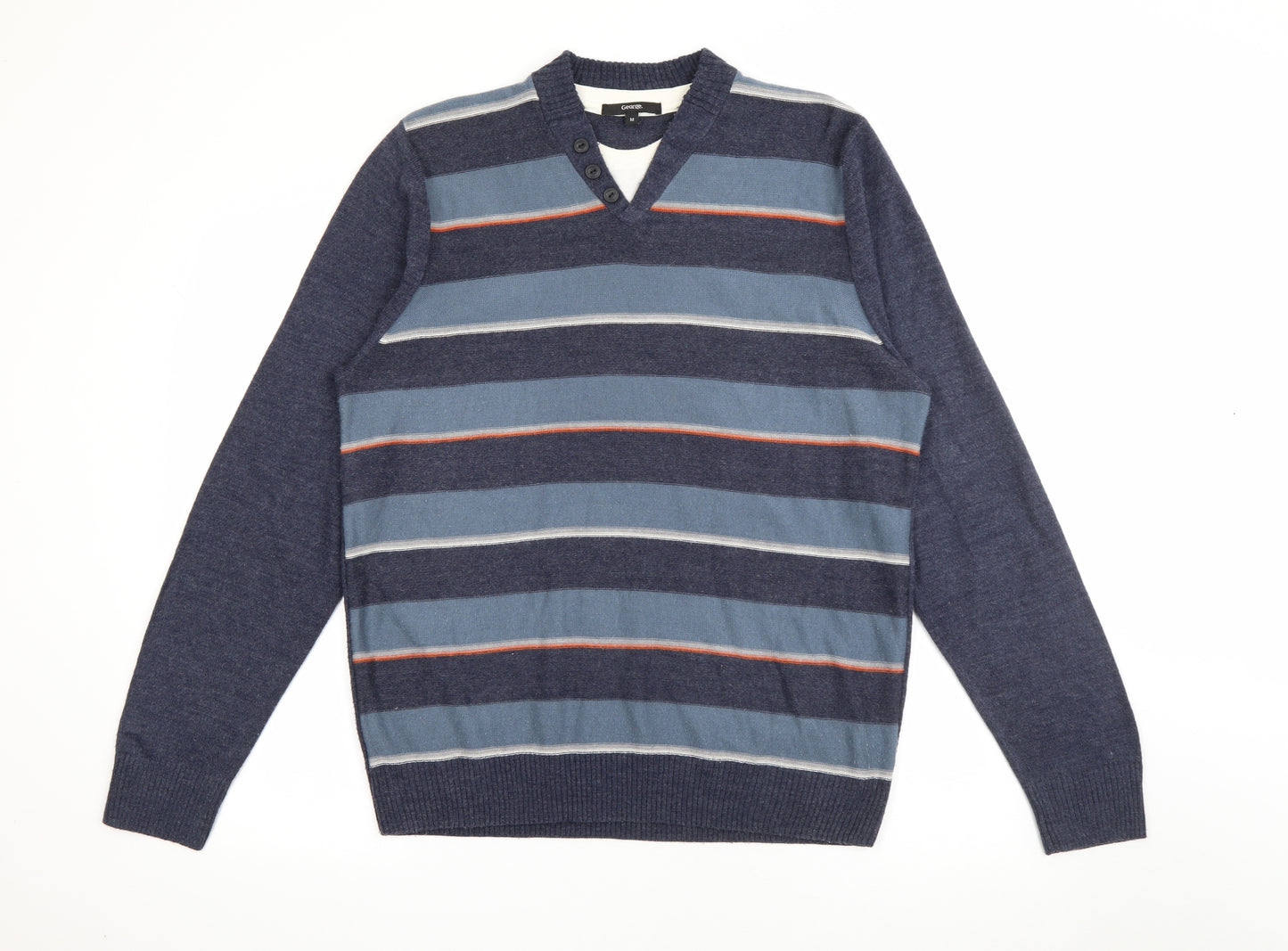 George Mens Blue Crew Neck Striped Acrylic Pullover Jumper Size M