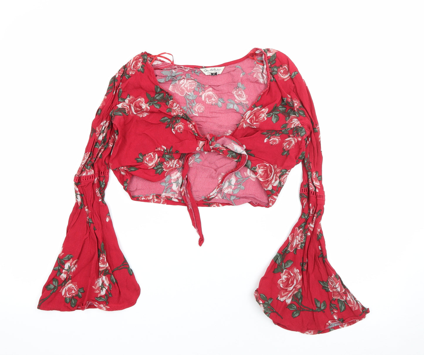 Miss Selfridge Womens Red Floral Polyester Cropped Blouse Size 12 Scoop Neck