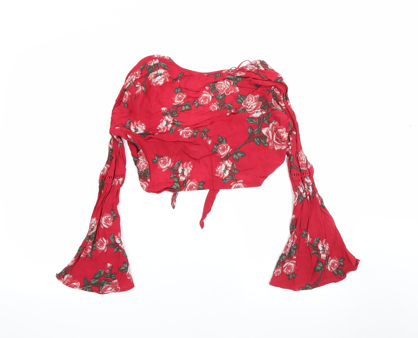 Miss Selfridge Womens Red Floral Polyester Cropped Blouse Size 12 Scoop Neck