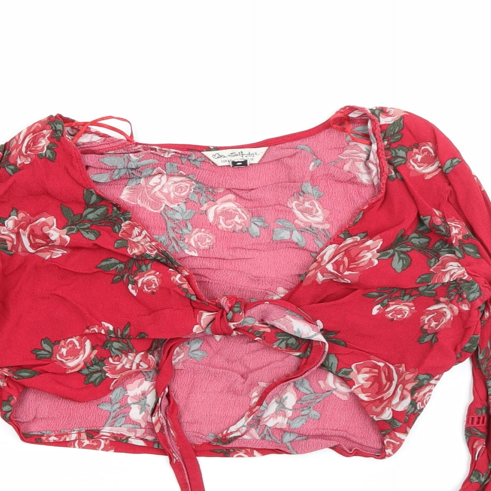 Miss Selfridge Womens Red Floral Polyester Cropped Blouse Size 12 Scoop Neck