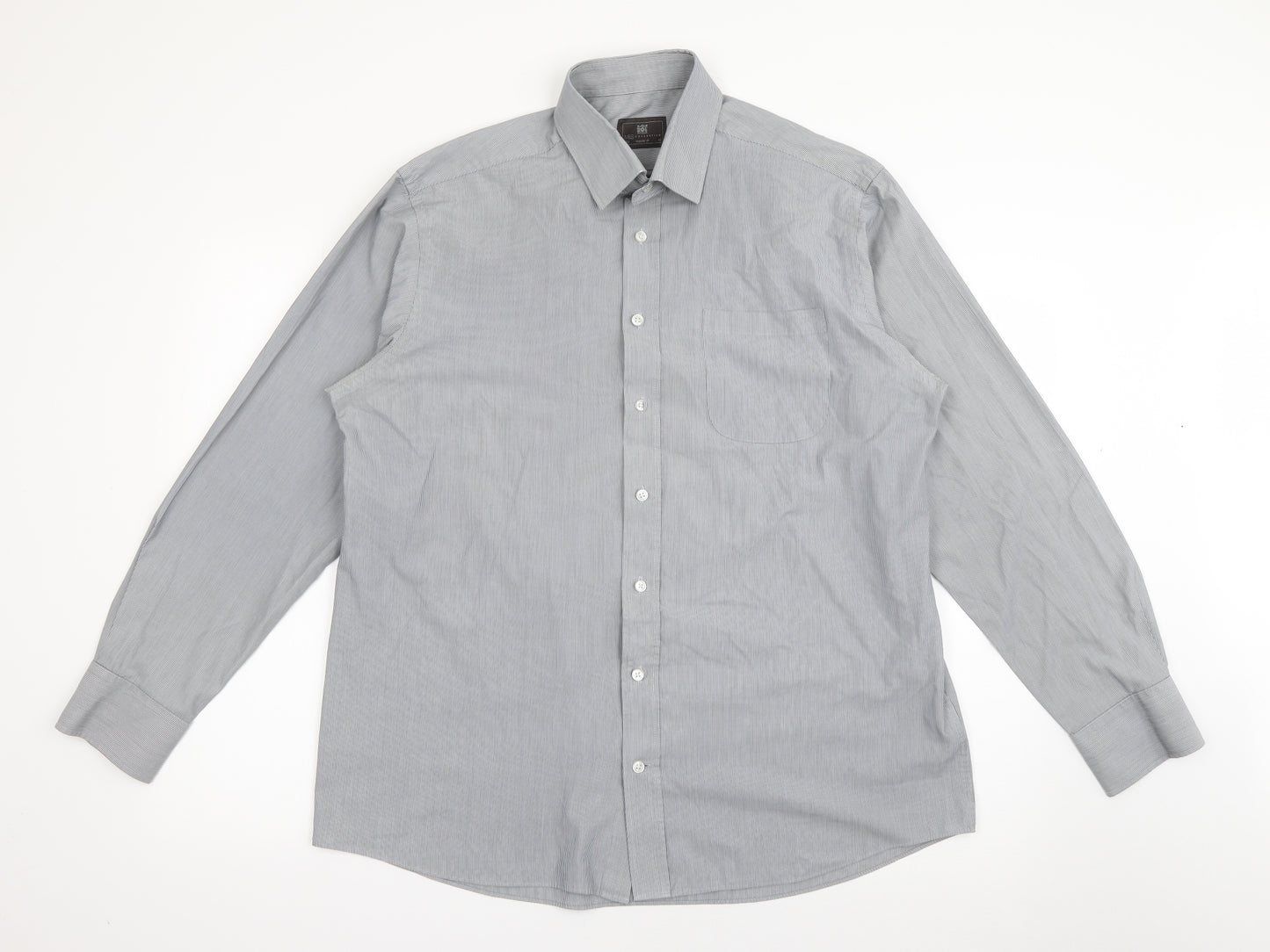 Marks and Spencer Mens Grey Striped Polyester  Button-Up Size 16.5 Collared Button