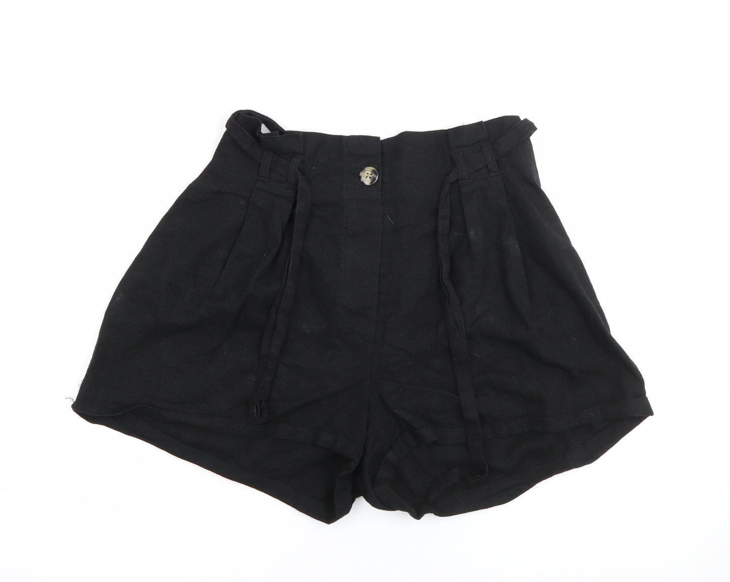 Primark Womens Black  Linen Paperbag Shorts Size 12  Regular Button
