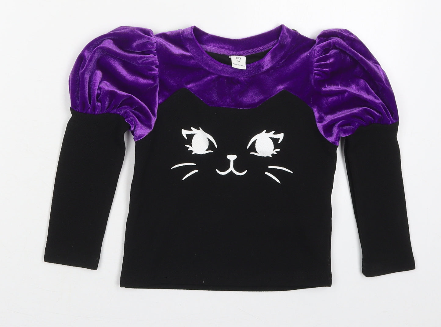 SheIn Girls Purple  Nylon Basic T-Shirt Size 4 Years Crew Neck Pullover - Cat
