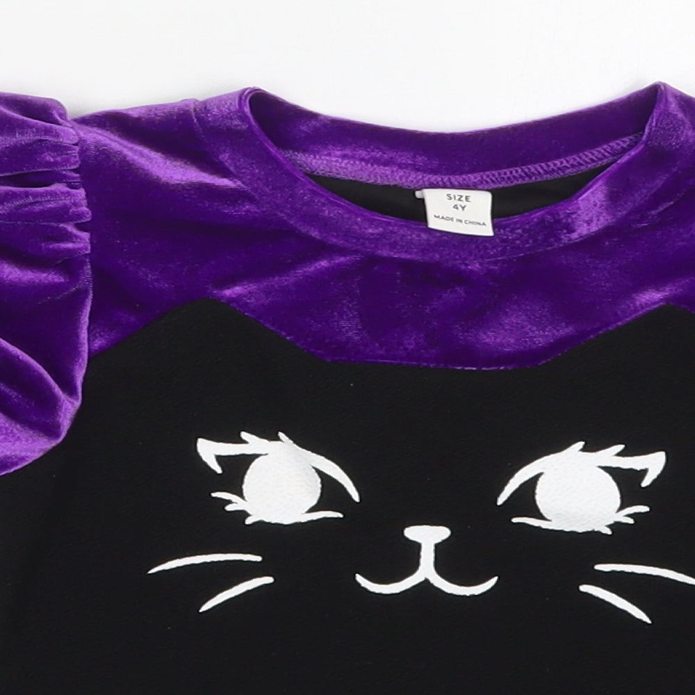 SheIn Girls Purple  Nylon Basic T-Shirt Size 4 Years Crew Neck Pullover - Cat