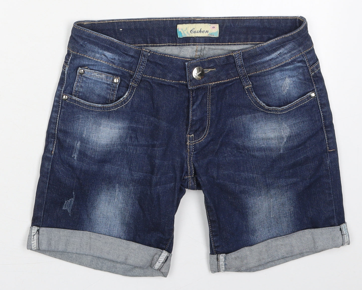 Cushen Womens Blue  Cotton Boyfriend Shorts Size 29 in L7 in Regular Button