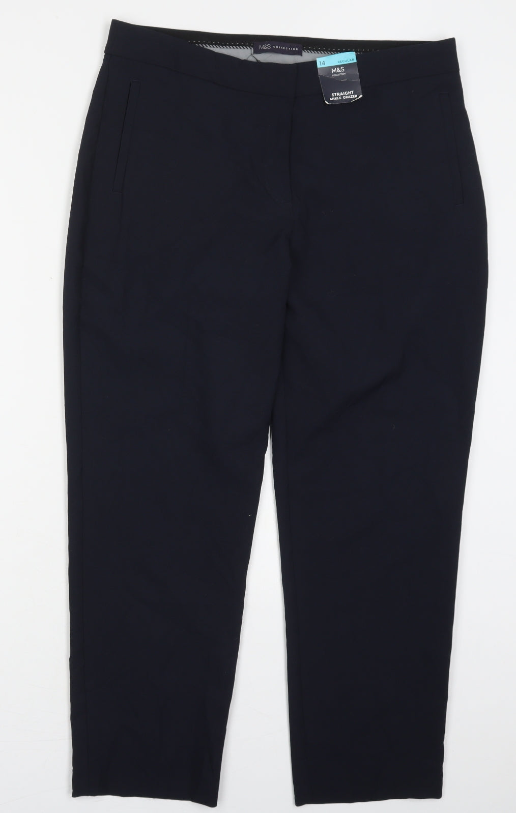 Marks and Spencer Womens Blue  Polyester Trousers  Size 14 L26 in Slim Hook & Eye