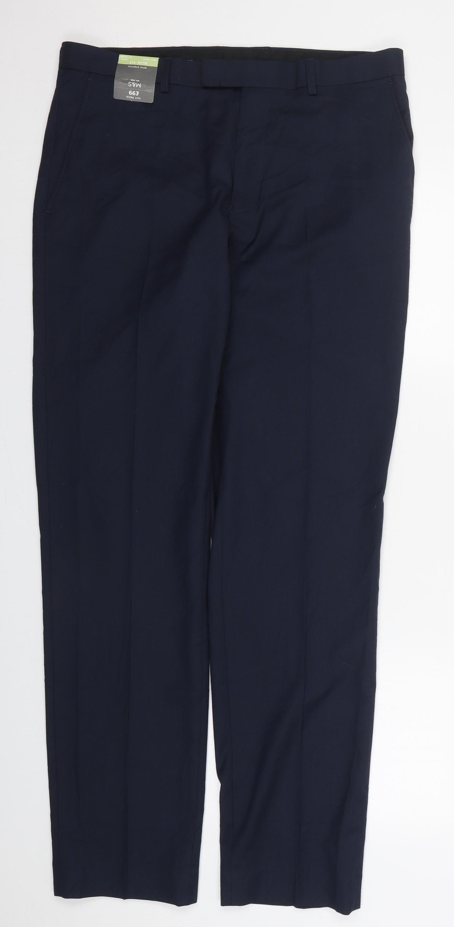 Marks and Spencer Mens Blue  Polyester Trousers  Size 34 L33 in Slim Hook & Eye