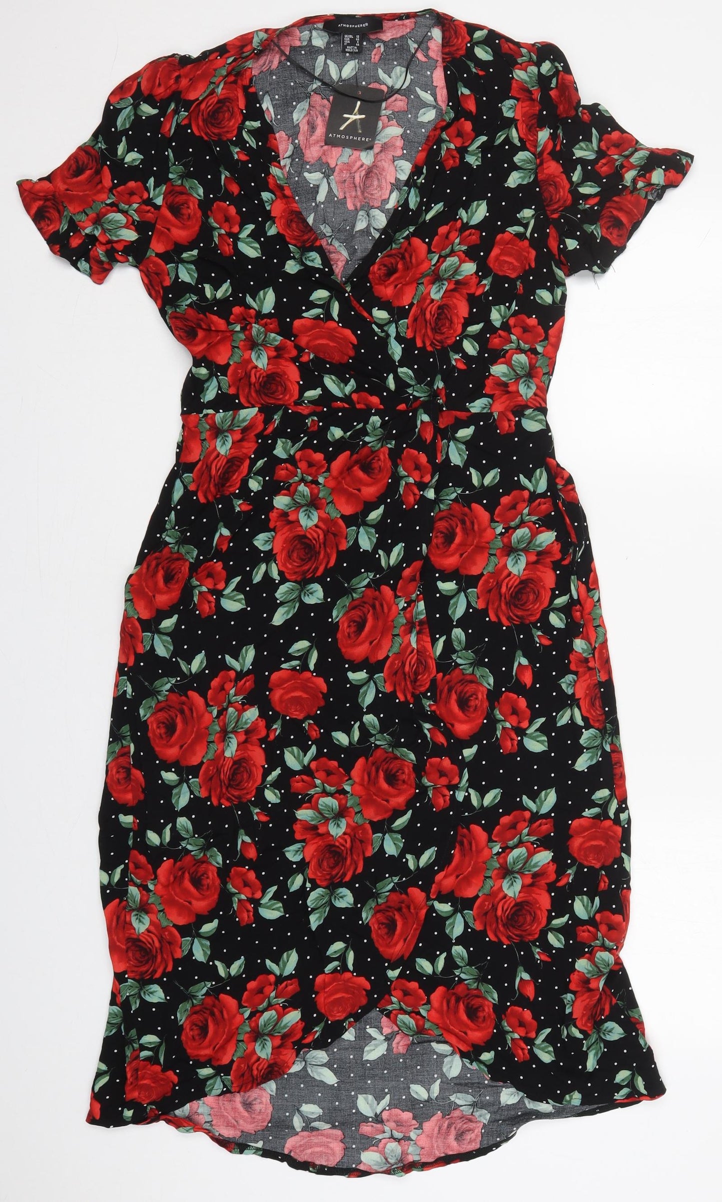 Atmosphere Womens Black Floral Viscose A-Line  Size 12  V-Neck Pullover - Red Roses